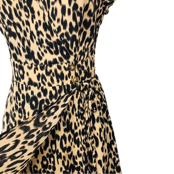 Sienna Sky Tan Black Animal Print Wrap Dress Midi Length V Neck Side Button Tie - Picture 5 of 16